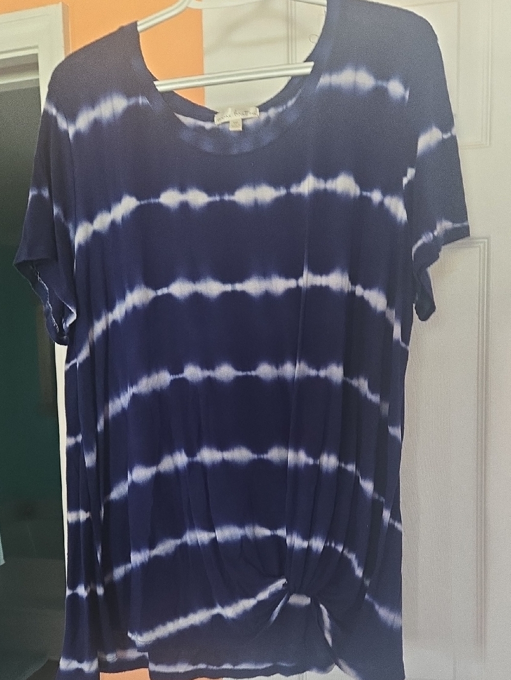 nine britton Navy and White Tie-Dye Short Sleeve Top with Front Twist